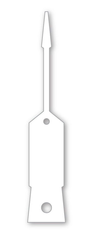 Image is a white key tag with a long spear-like end that is used to lock into a hole at the other end. This is connected to a key or key fob. 