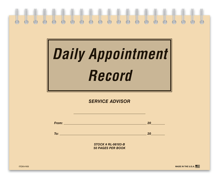 Daily Appointment Record Book - flywheelnw.com; Image is a rectangular book with a spiral edge that says "Daily Appointment Record" on top, and "Service Advisor" on the bottom. Book is light tan in color. 