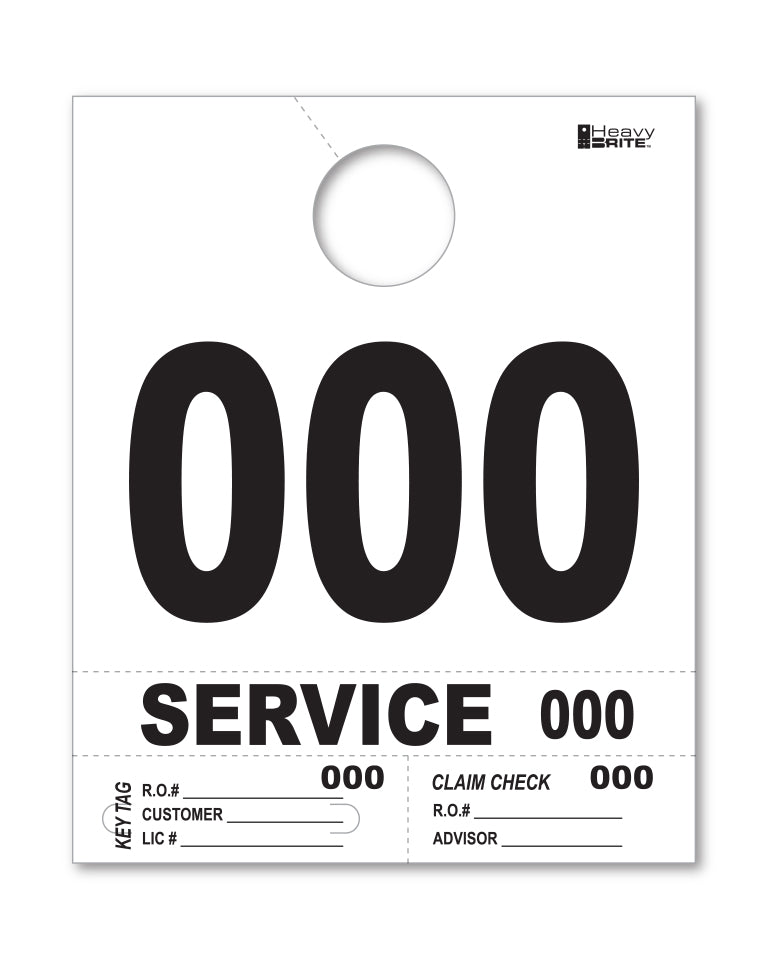 White service dispatch tag for rearview mirror. Has the number "000" printed on it. www.flywheelnw.com