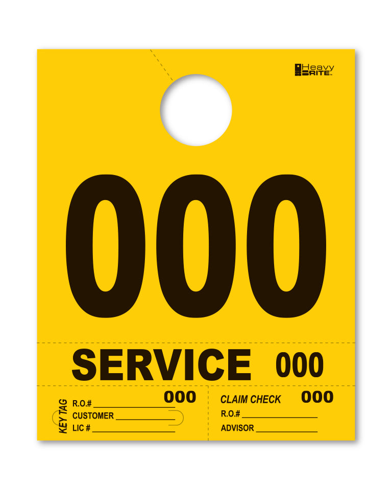 Yellow service dispatch tag for rearview mirror. Has the number &quot;000&quot; printed on it. www.flywheelnw.com