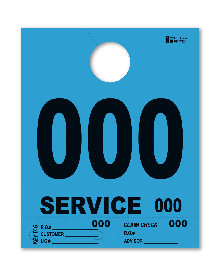 Blue service dispatch tag for rearview mirror. Has the number &quot;000&quot; printed on it. www.flywheelnw.com