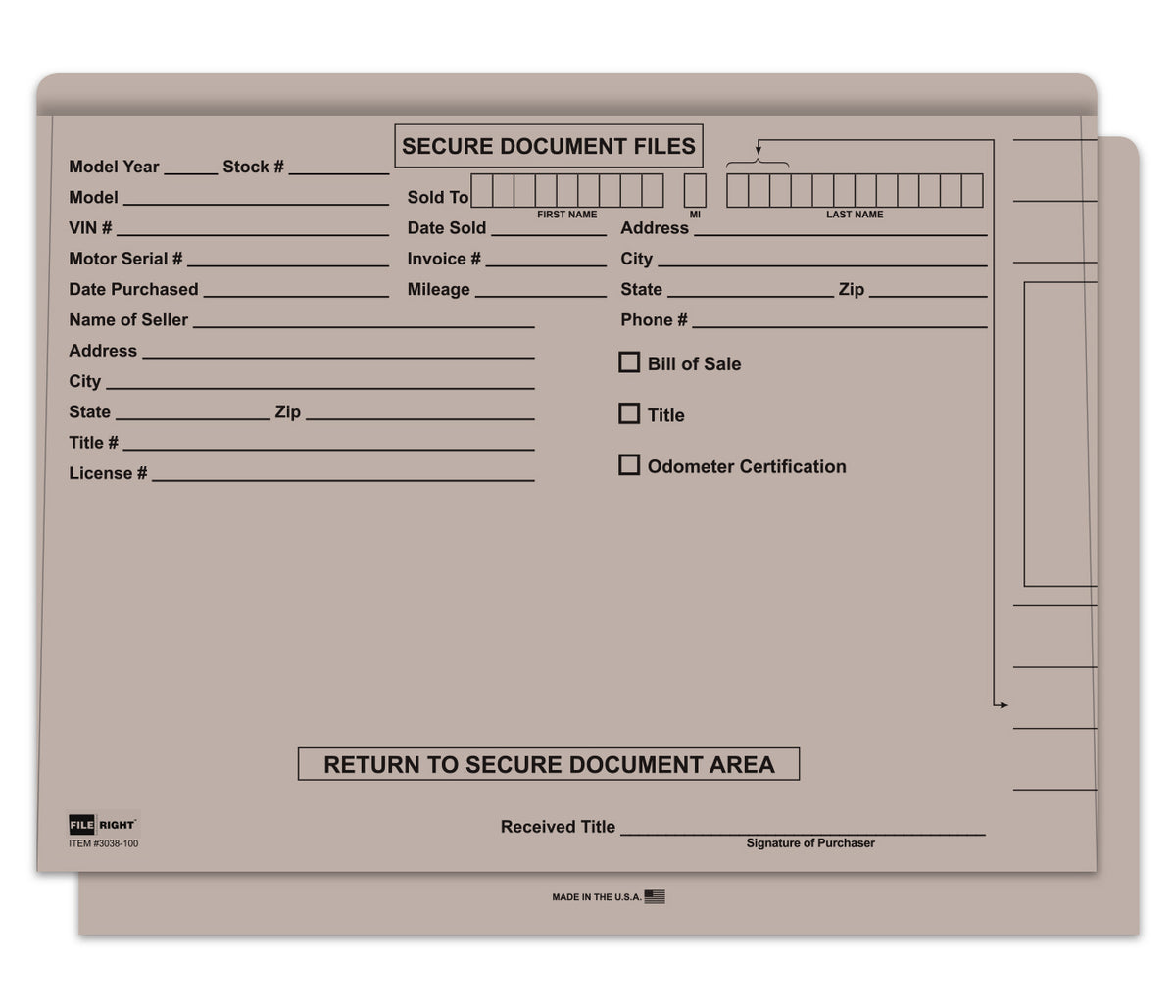 Gray file folder with fillable areas. For secure document files.  www.flywheelnw.com