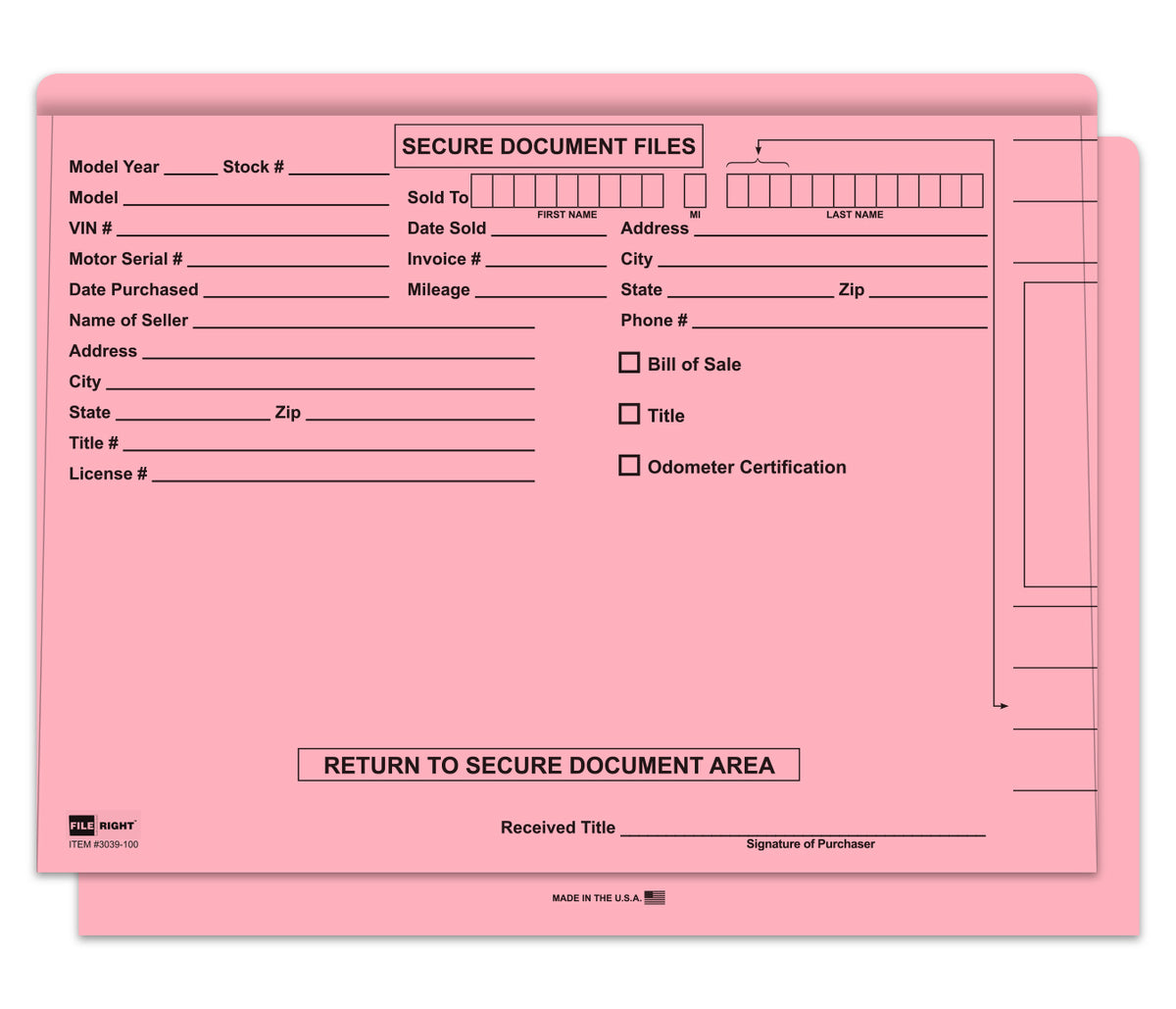 Pink file folder with fillable areas. For secure document files.  www.flywheelnw.com