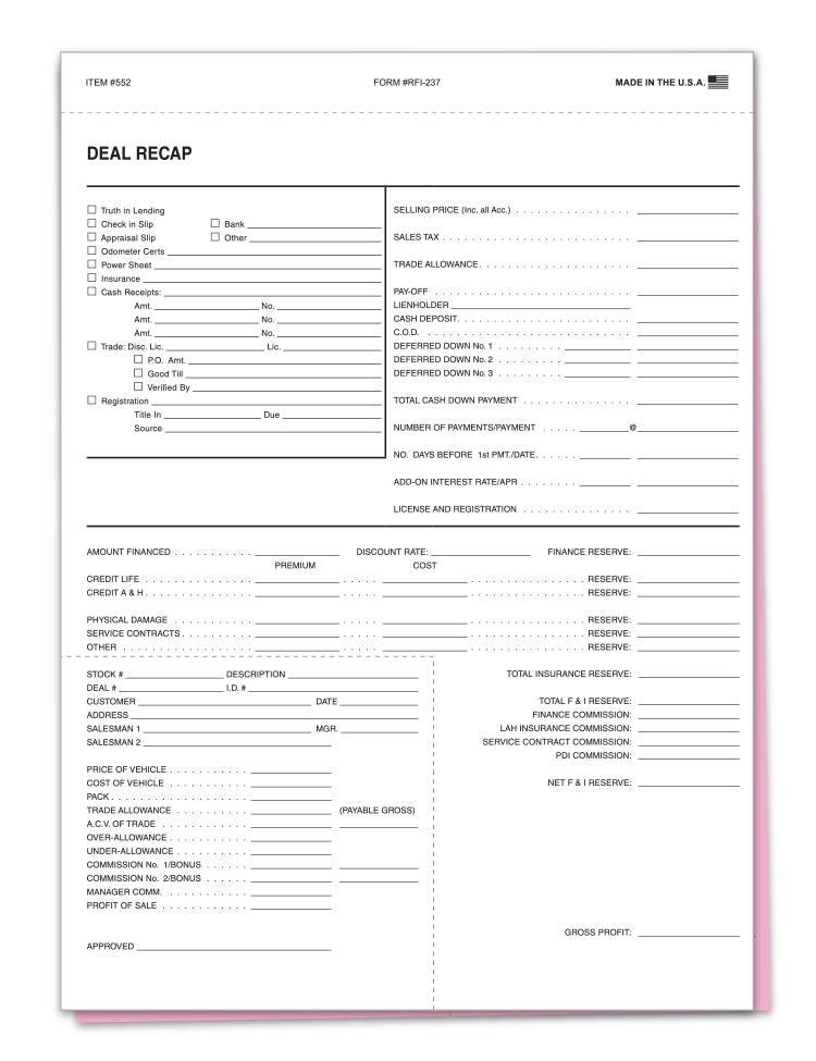 Deal Recap; image is a white sheet with pink underlay for recapping a car sale. www.flywheelnw.com