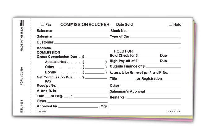 Commission Voucher Gross/Net; image is a rectangular titled &quot;Commission Voucher&quot; with yellow and pink carbon copies. 