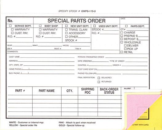Special Parts Order Forms - Form GMPS-115-5 