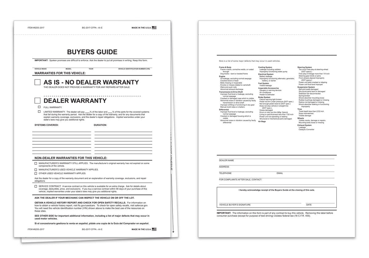 2 Part &quot;As Is&quot; Buyers Guide. Used for selling cars. www.flywheelnw.com