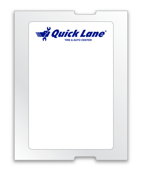 White label with light adhesive back. "Quick Lane" written on top of label with blue ink. 