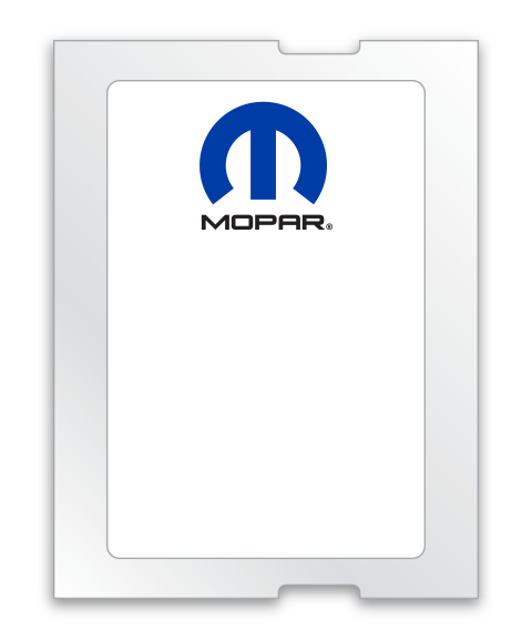 White label with light adhesive back. &quot;MOPAR&quot; logo in blue ink on top of label. 