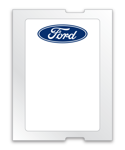 White label with light adhesive back. &quot;Ford&quot; logo in blue ink on top of label. 