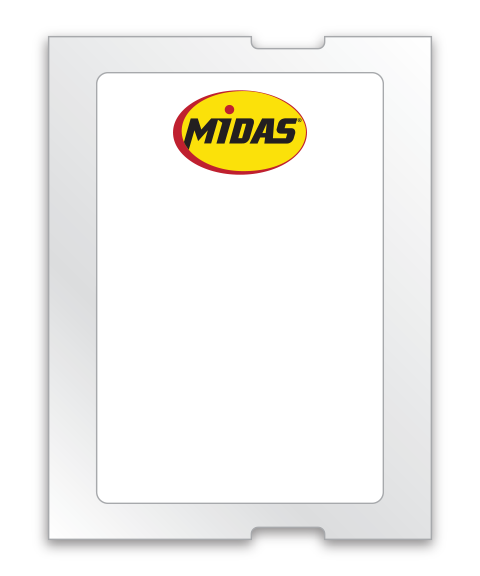White label with light adhesive back. &quot;MIDAS&quot; logo in yellow, red, and black on top of label. 