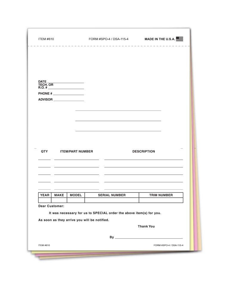 Special Parts Order Forms - Form SPO-4 / DSA-115-4