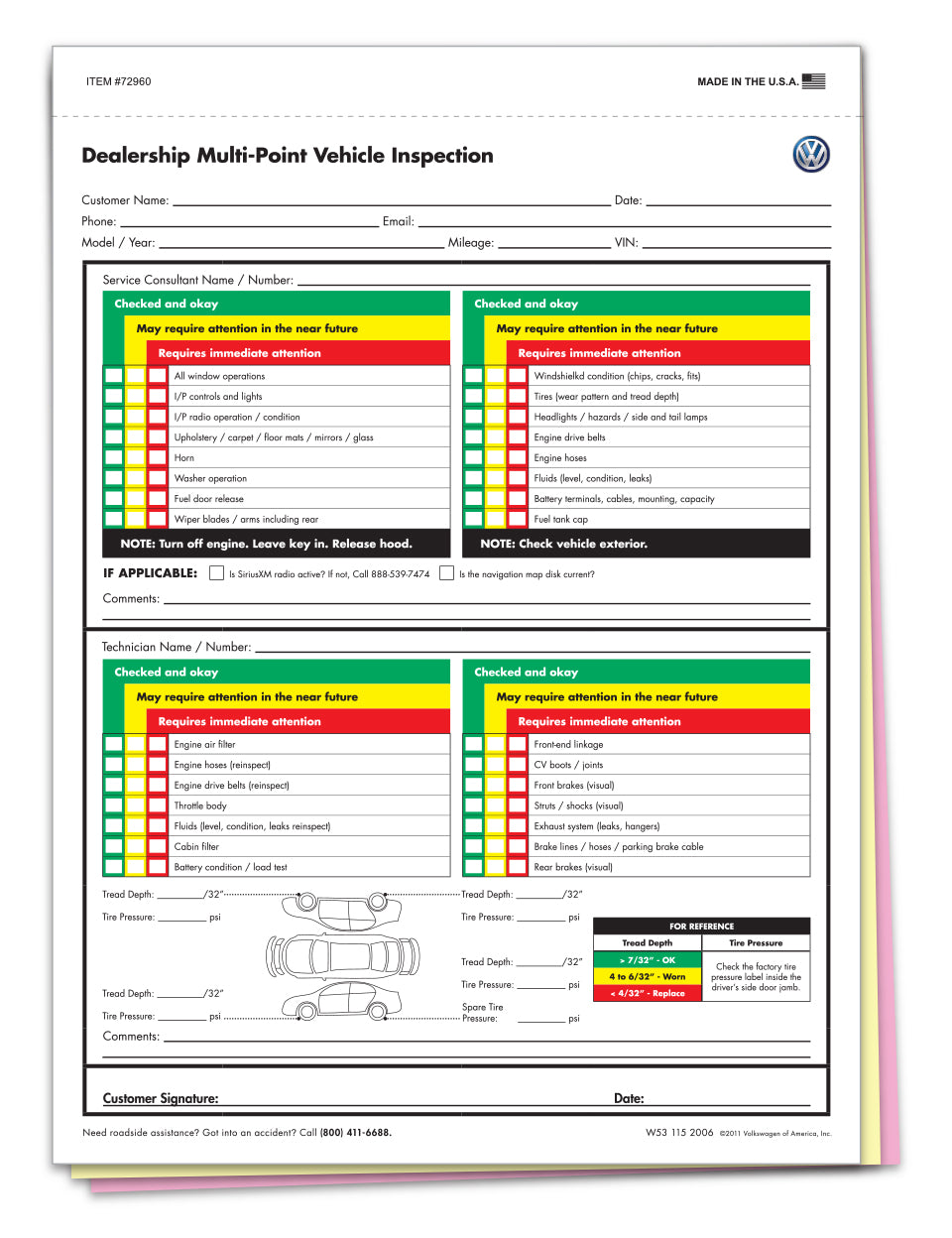 Volkswagen Multi-Point Vehicle Checkup Form - 3-part