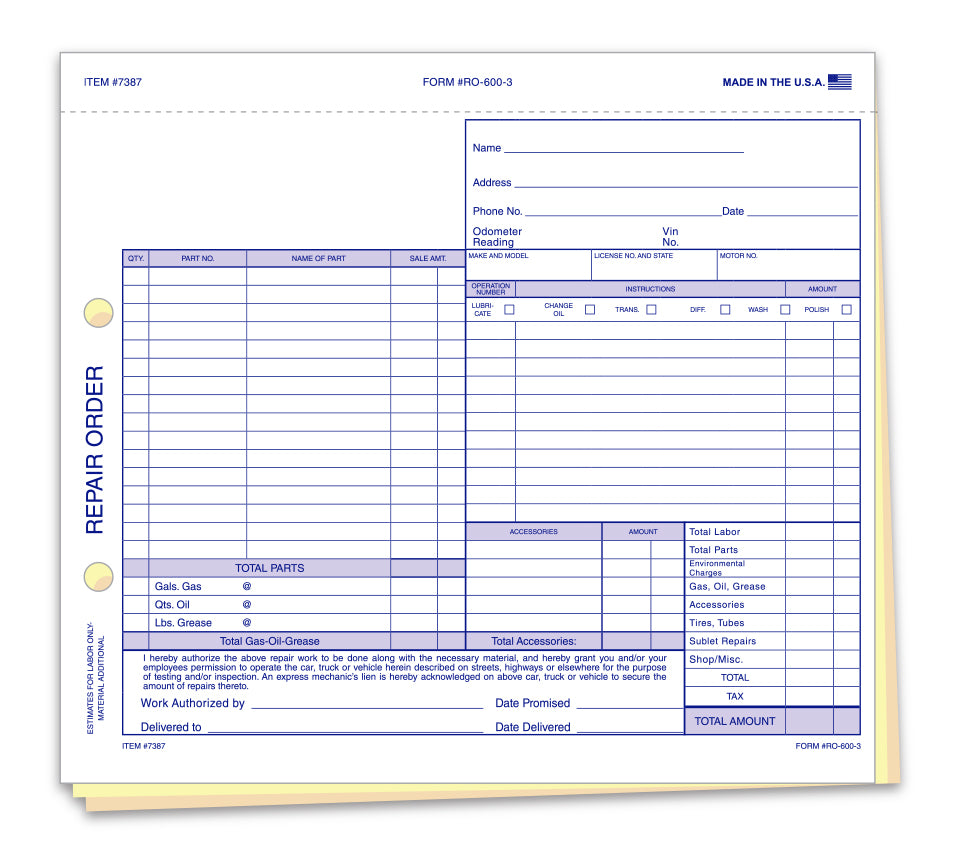 Repair Order (Form #RO-600-3)