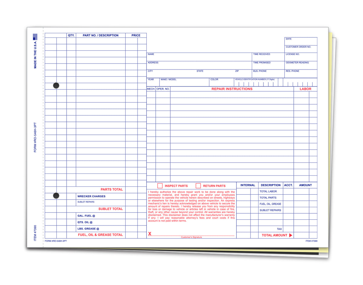 Repair Order (Form #RO-546H-3PT)