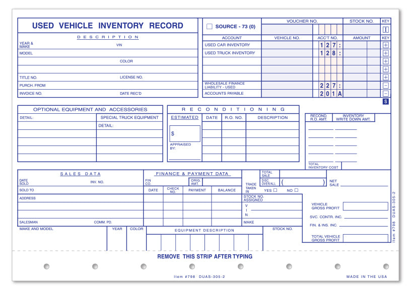 Vehicle Inventory Cards - Used Vehicles