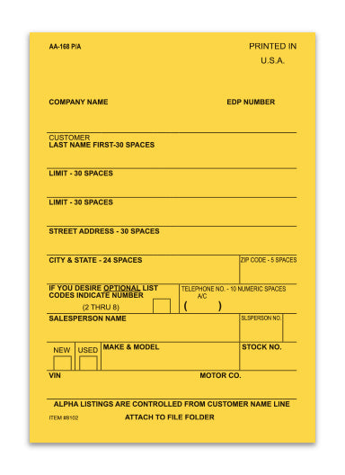 Vehicle Deal Labels (AA-168 P/A)