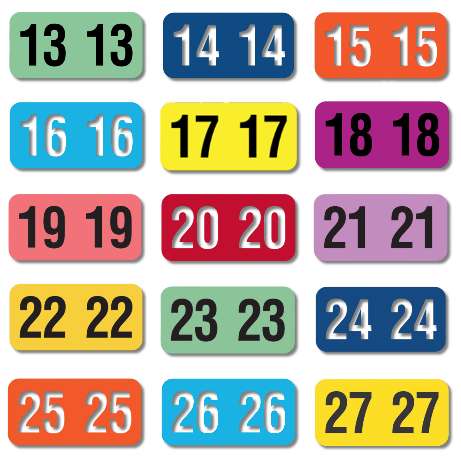 Set of colorful number labels from 13 to 27