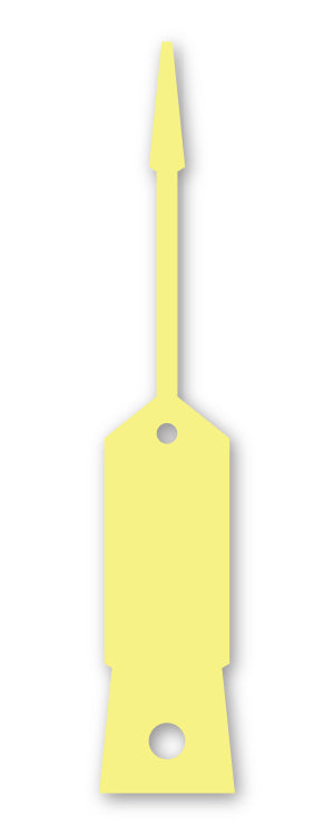 Image is a yellow self-locking key tag with a long spear end, that connects into a hole at the other end. Connects to keys and key fobs. 
