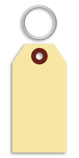 Image is a rectangular manila tag with a hole, and a metal key ring unattached
