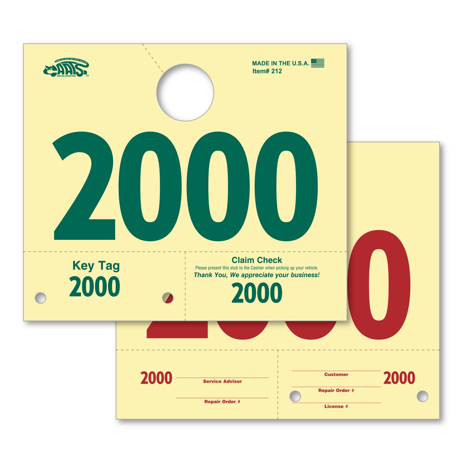 A service dispatch tag that hangs on a rearview mirror. Has the number "1000" printed on it.