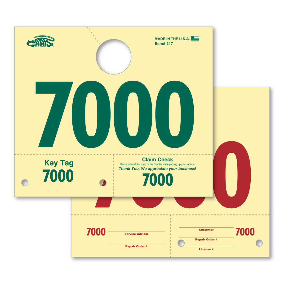 A service dispatch tag that hangs on a rearview mirror. Has the number &quot;7000&quot; printed on it. www.fllywheelnw.com
