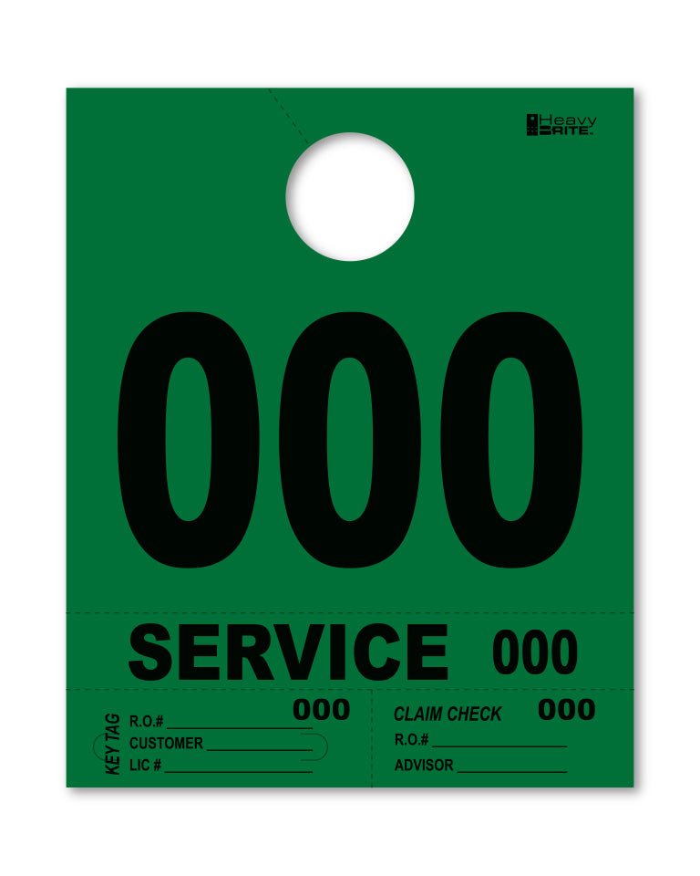 Green service dispatch tag for rearview mirror. Has the number &quot;000&quot; printed on it. www.flywheelnw.com