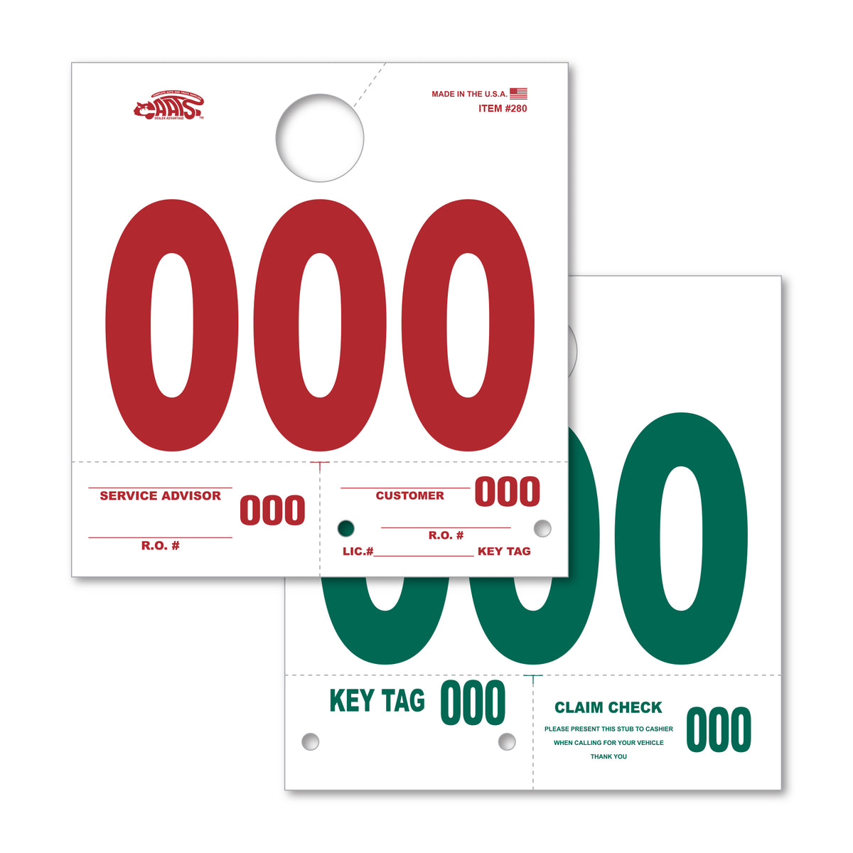 Heavy Stock Side Padded Dispatch Numbers 000; image is a square white paper white a whole in the top, with the number &quot;000&quot; on the front in red. Reverse image is below with &quot;000&quot; in green. 