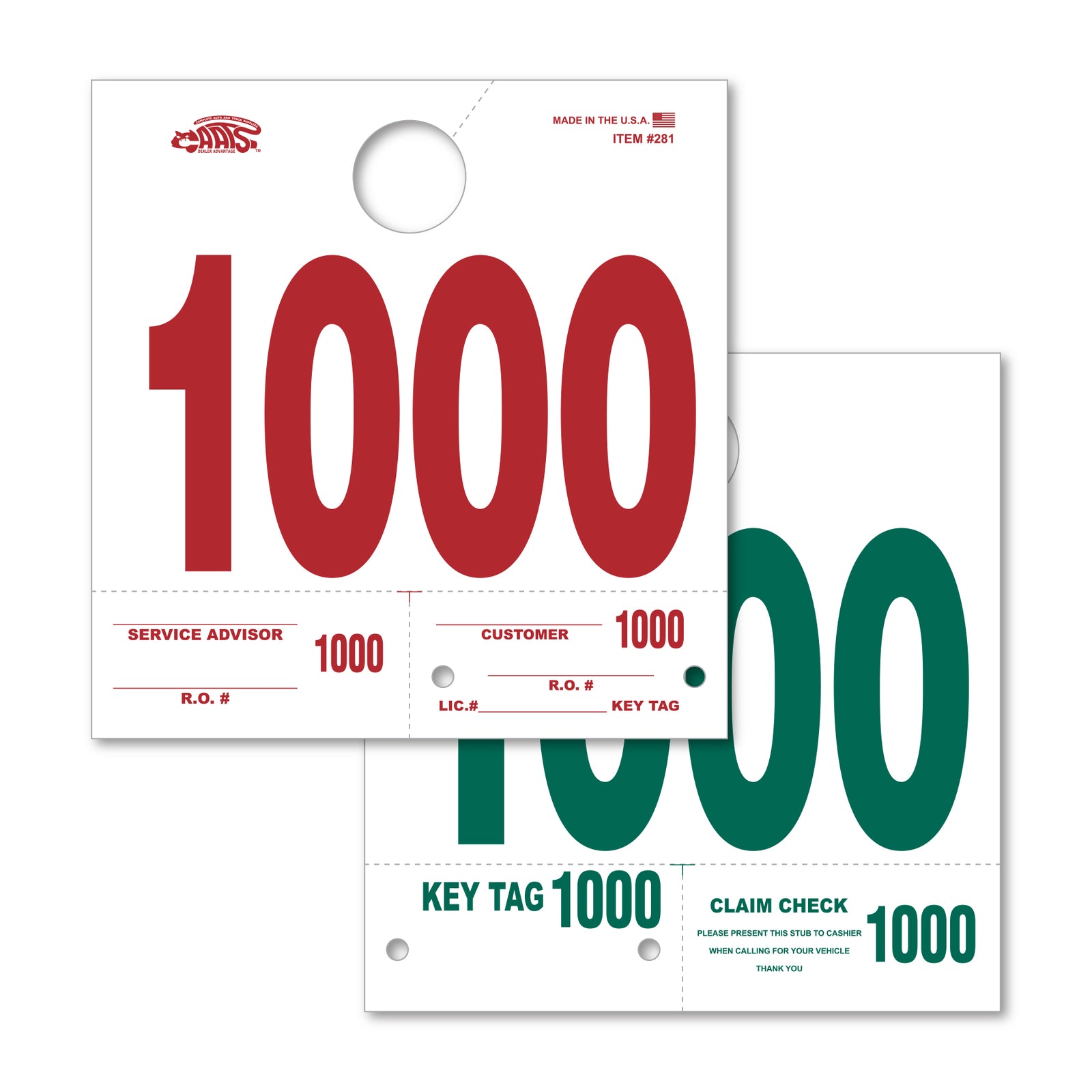 Heavy Stock Side Padded Dispatch Numbers 000; image is a square white paper white a whole in the top, with the number "000" on the front in red. Reverse image is below with "000" in green. 