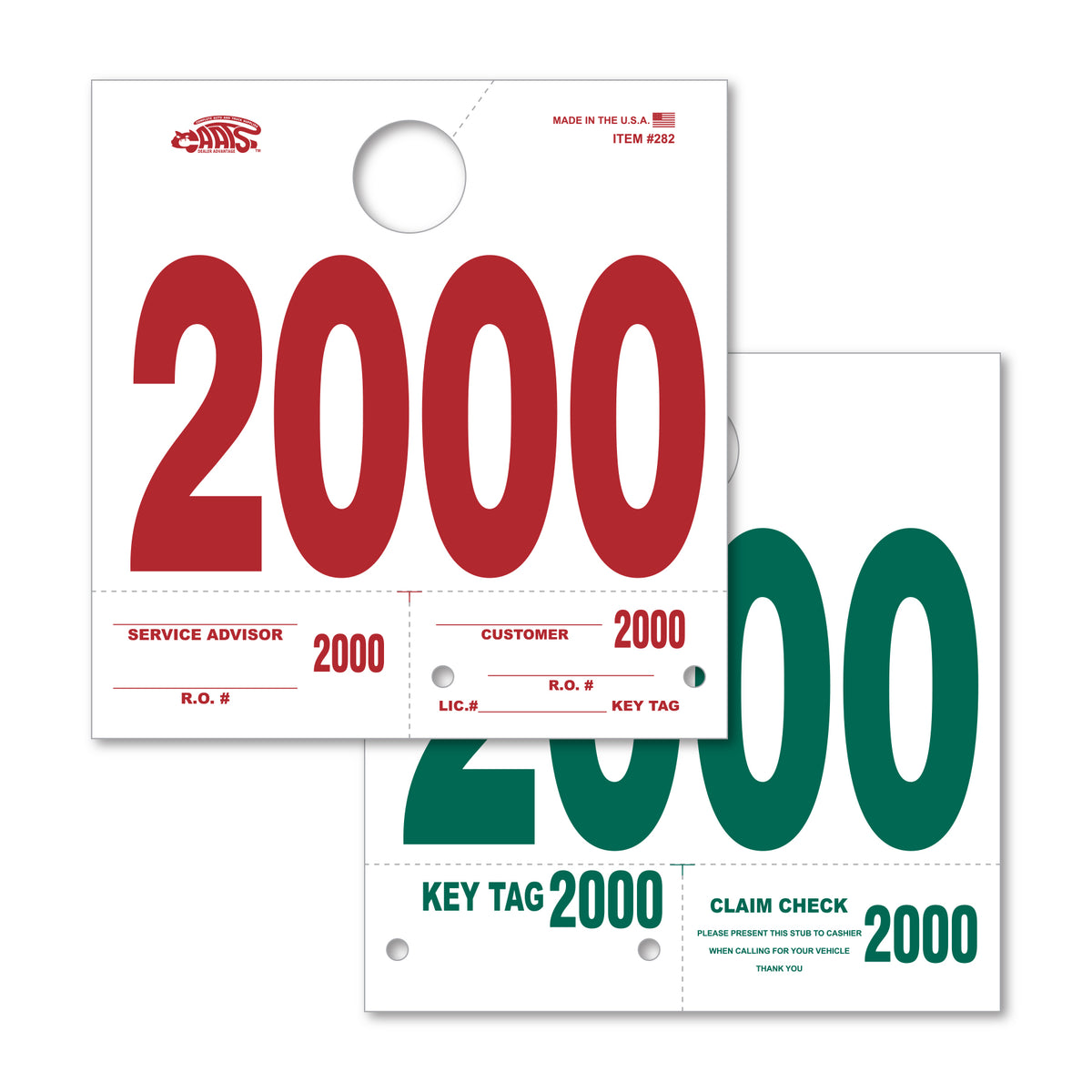 Heavy Stock Side Padded Dispatch Numbers 2000; image is a white square paper with a hole in the top with the number &quot;2000&quot; on the front in red, and on the back in green. 