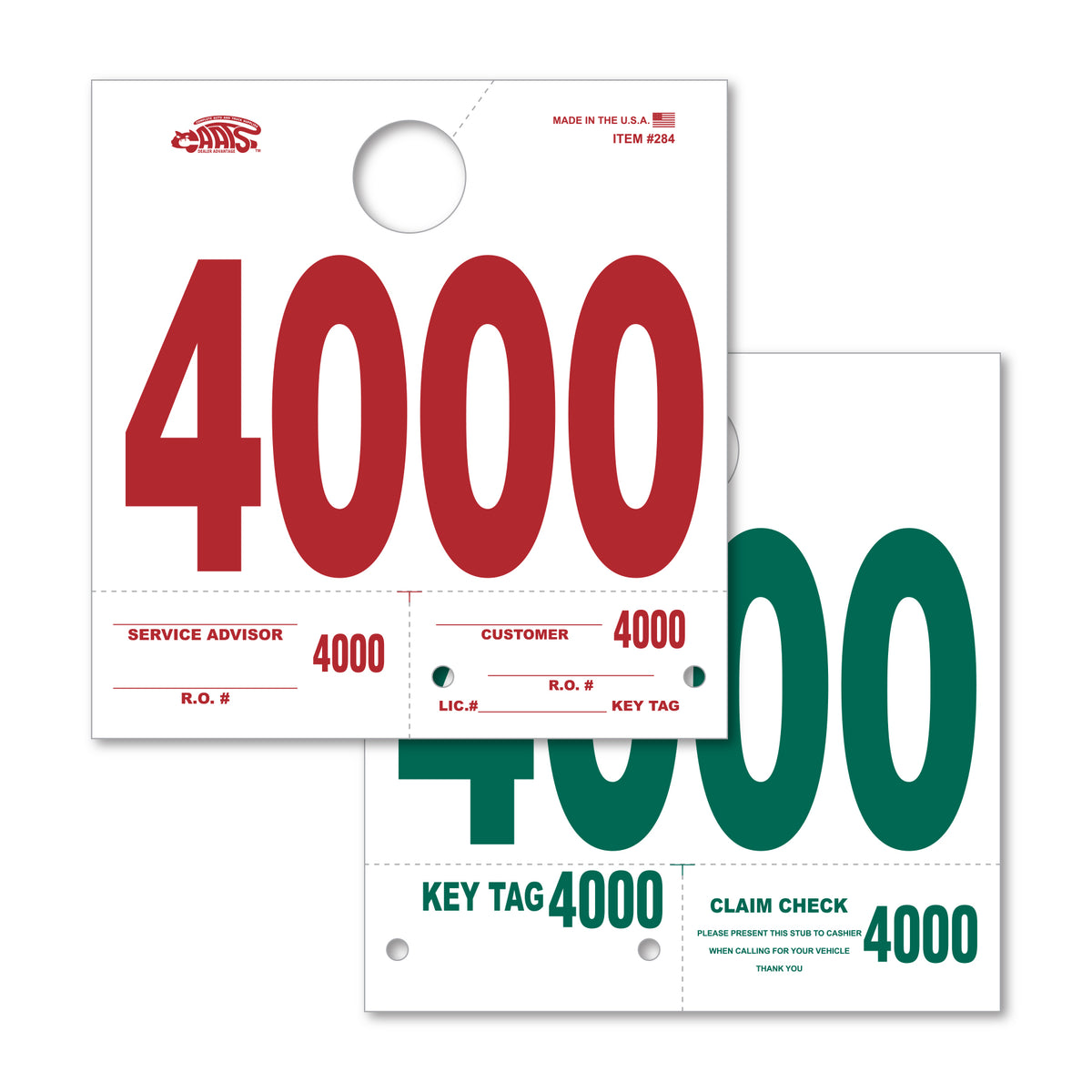 Heavy Stock Side Padded Dispatch Numbers 4000; image is a white  square paper with a hole in the middle top with the number &quot;4000&quot; on the front in red, and on the back in green. 