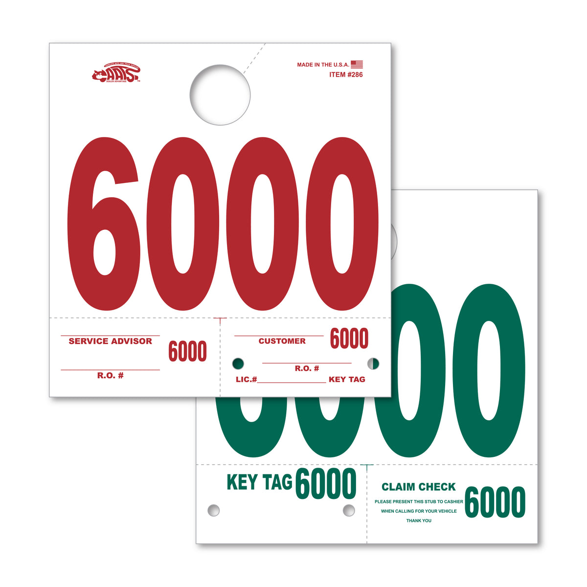 Heavy Stock Side Padded Dispatch Numbers 6000; image is a white square paper with a hole in the top middle with the number &quot;6000&quot; on the front in red, and on the back in green. 