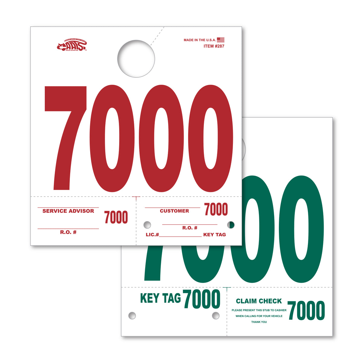 Heavy Stock Side Padded Dispatch Numbers 7000; image is a white square paper with a hole in the top middle, with the number &quot;7000&quot; in red on the front, and in green on the back.