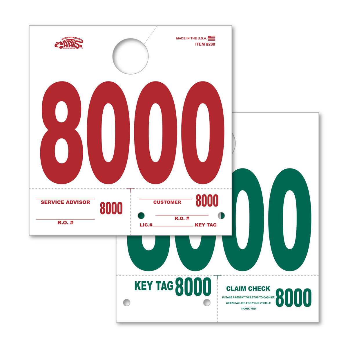 Heavy Stock Side Padded Dispatch Numbers 8000; image is a square white paper with a hole in the top middle with the number &quot;8000&quot; on the front in red, and on the back in green. 