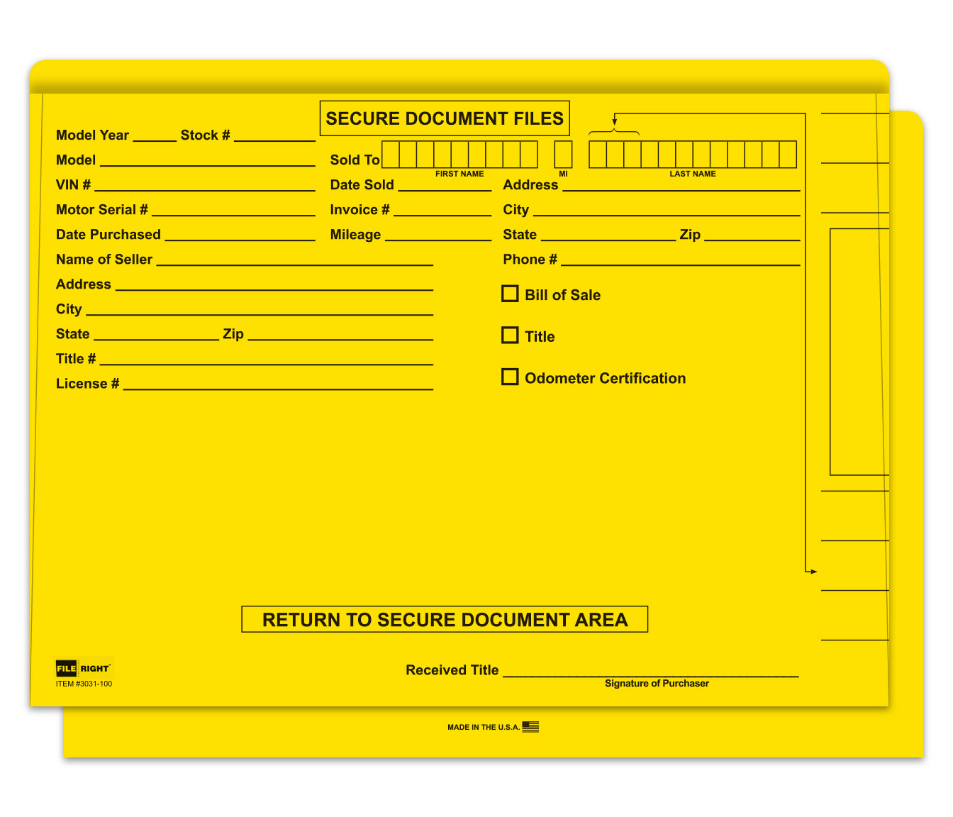 Yellow file folder with fillable areas. For secure document files.  www.flywheelnw.com