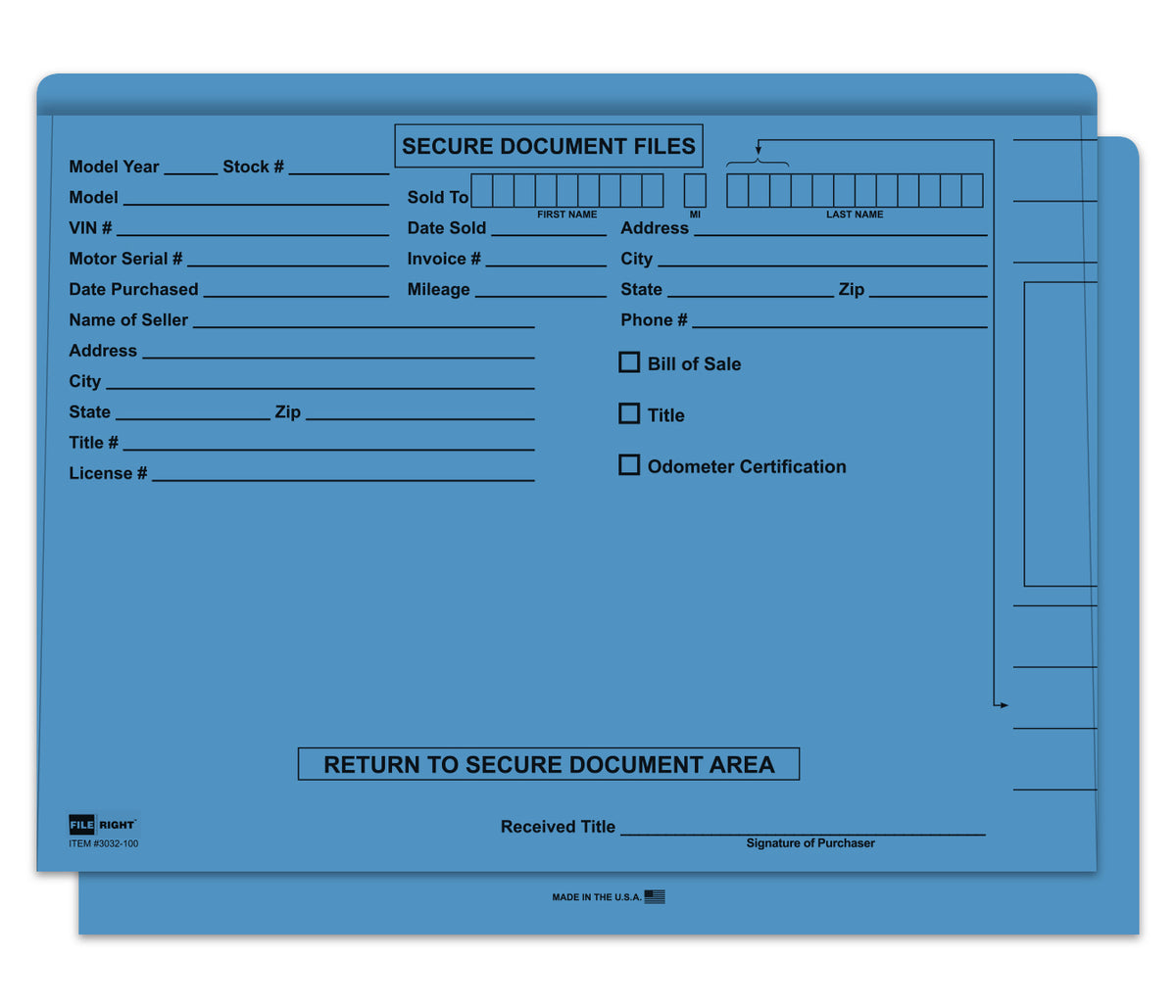 Blue file folder with fillable areas. For secure document files. www.flywheelnw.com