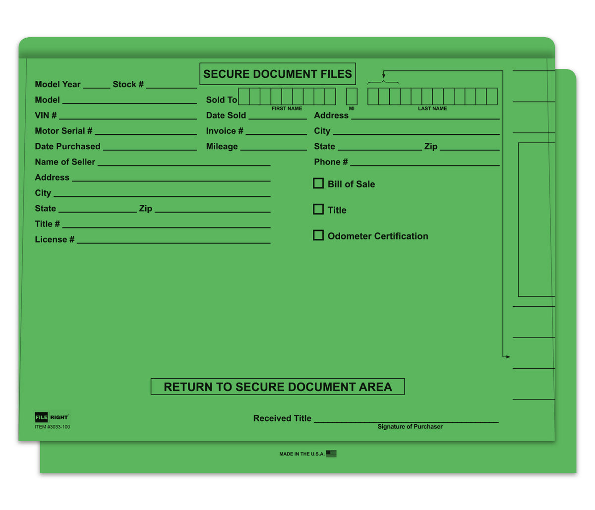Green file folder with fillable areas. For secure document files. www.flywheelnw.com