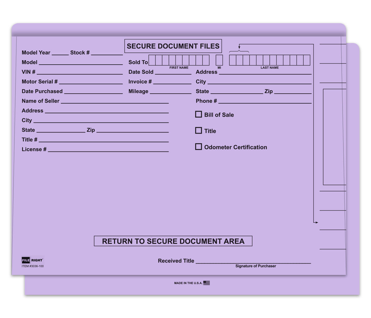 Purple file folder with fillable areas. For secure document files.  www.flywheelnw.com