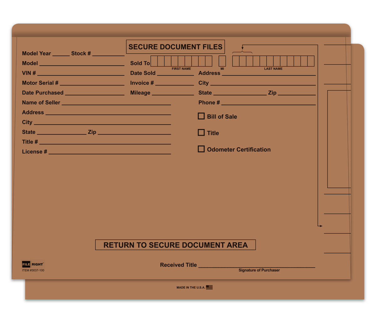 Brown file folder with fillable areas. For secure document files.  www.flywheelnw.com