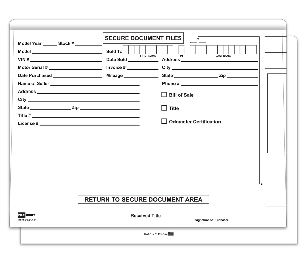 White file folder with fillable areas. For secure document files.  www.flywheelnw.com