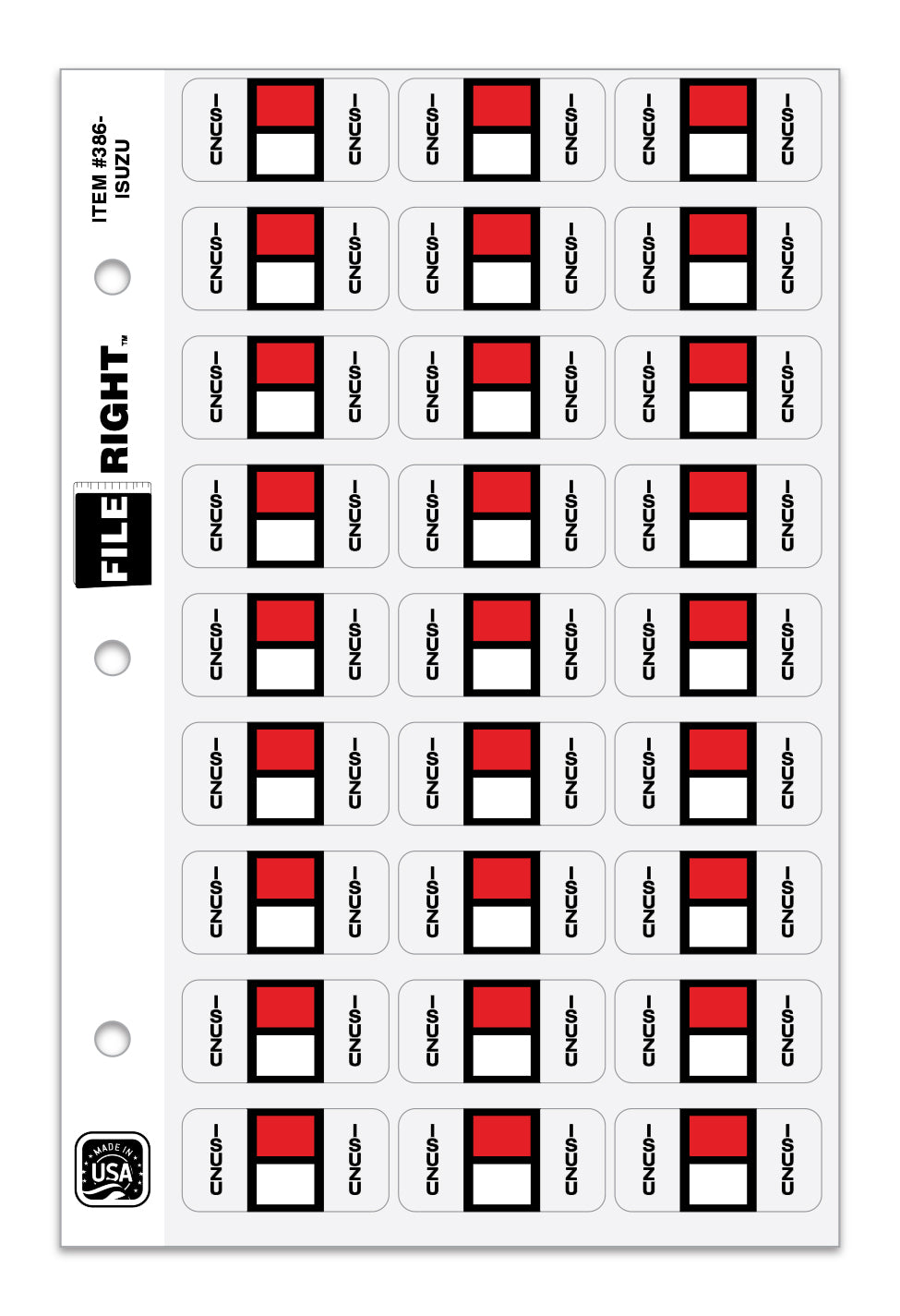 3-ring-binder page with multiple Isuzu stickers.  www.flywheelnw.com