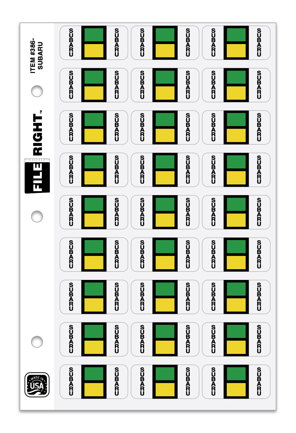 3-page- binder page with multiple Subaru stickers.  www.flywheelnw.com