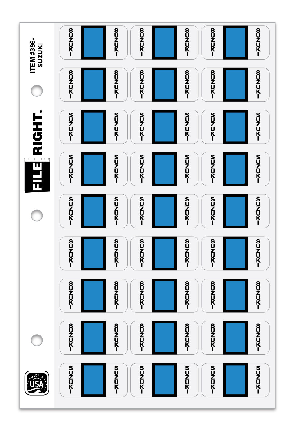 3-ring-binder page with multiple Suzuki stickers.  www.flywheelnw.com