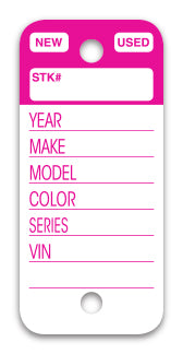 A white key tag with a magenta colored bar on the top. To go on a keyring at a car dealership. www.flywheelnw.com