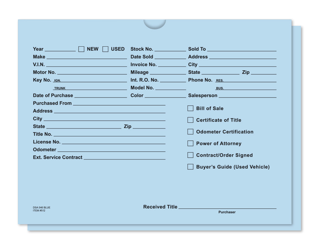 Vehicle Deal Envelope Printed in Buff - Pack of 500 - image is a buff colored folder with writing on it specific to car sales. Find it for sale at www.flywheelnw.com