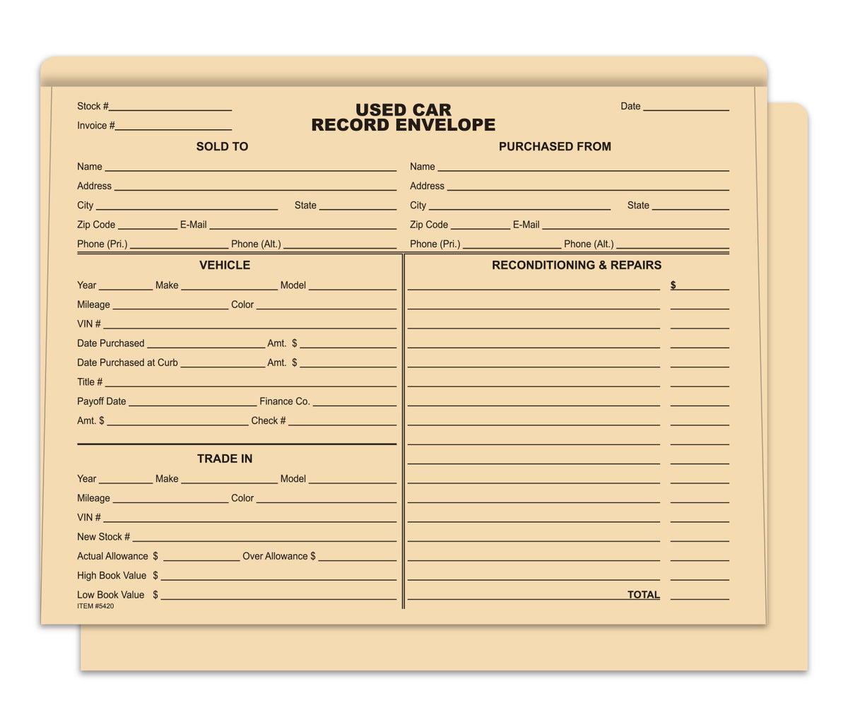 Used Car Record Envelope - Pack of 500