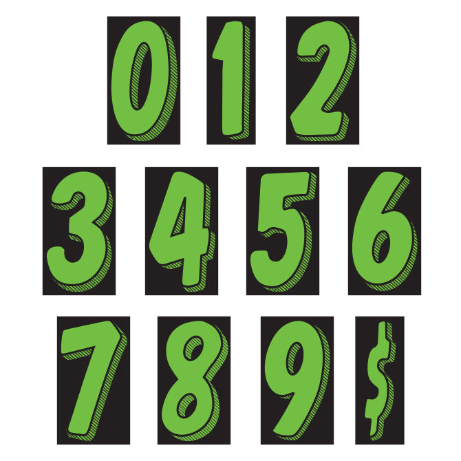 Number Window Stickers - Fluorescent Green on Black, number set. www.flywheelnw.com