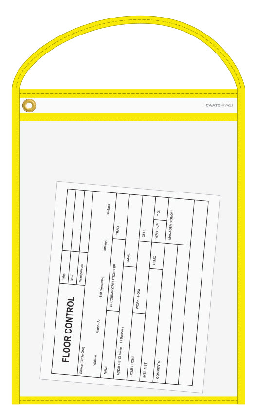 CAATS Neon Stitched Work Ticket Holder in Yellow; image is a flat clear bag with a yellow lining. www.flywheelnw.com