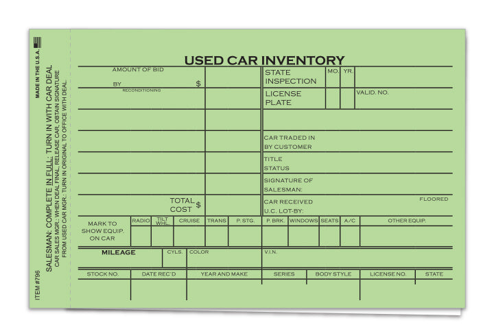 Vehicle Inventory Records - 2 sided