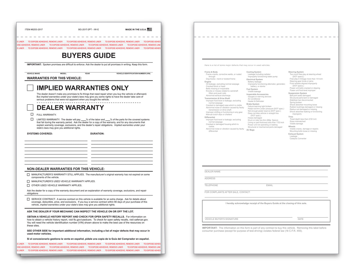 TruForm implied warranties buyers guide with lines. Used for selling cars. www.flywheelnw.com